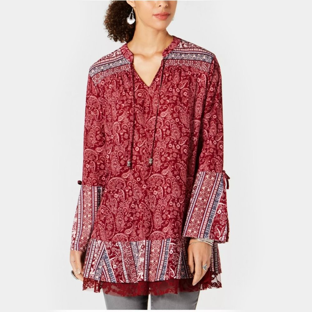 New! Style & Co Bohemian Paisley Lace Trim Blouse Long Bell Sleeve Size P-Small